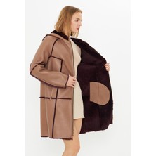 By Marki Marki Deri Kapüşonlu Oversize Kadın Kaban - Içi Kürklü Bordo - Kahverengi 90 cm - 113422