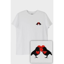 Çifte Kumrular Desenli Nakış Tişört - Sevgililer Günü Tasarımı