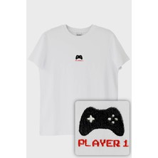 Player 1 Joystick Desenli Nakış Tişört - Gamer Çiftler Için