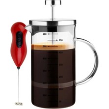 Fırsat Sende French Press Demlik Ölçü Kabı 3in1 Ürün Frenchpress 600ML ve Süt Kahve Köpürtücü