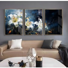 Emya Home Metal Çerçeveli Üçlü Beyaz Çiçekler Cam Tablo