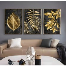 Emya Home Metal Çerçeveli Üçlü Gold Çiçekler Cam Tablo