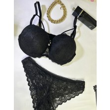 Akasha Design Siyah Dantelli Dolgulu Push Up Tek Ip Detaylı Şık Sütyen Takım