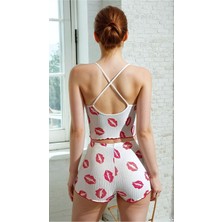 Kadın Beyaz Yazlık Şortlu Askılı Kolsuz Desenli Mini Crop Pijama Takımı