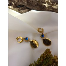 Luna Jewelry Kadın Gold Renk Yaşam Çiçeği Model Nazar Boncuğu Detaylı 316 L Çelik Küpe