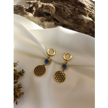 Luna Jewelry Kadın Gold Renk Yaşam Çiçeği Model Nazar Boncuğu Detaylı 316 L Çelik Küpe