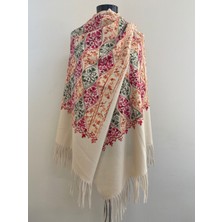 Armanda Etnik Desen Nakışlı Kışlık Omuz Şalı - Krem