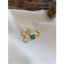 Luna Jewelry Kadın Mineli Yonca Model 3'lü 316 L Çelik Küpe Seti