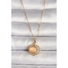 Callerrons Accessories Gold Renk Zirkon Taşlı Turuncu Sedefli Hilal Model Kadın Kolye - EBJ250118W30760