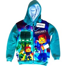 Minecraft 3D Dijital Baskılı Fermuarlı Uzun Kol Çocuk Sweatshirt 3-15 Yaş