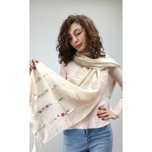 Krem Rengi Yumuşak Püsküllü Çiçekli Etnik Kadın Fular Şal 170X45 cm