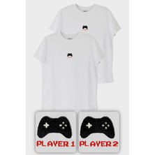 Lofux Player 1 ve Player 2 Nakış Sevgili Kombin Çift Tişörtleri - Gamer, Oyuncu Hediyesi - 2 Adet