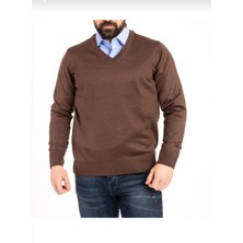 Mihman Butik Erkek Kahverengi Ince Triko V Yaka Kazak