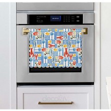 Sulu Boya Mavi Geometrik Desenler ve Istakoz Tasarımlı Lazer Kesim Kumaş Fırın Örtüsü