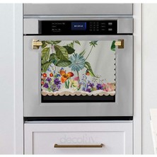 Pastel Yeşil Zemin Sulu Boya Botanik Çiçekler ve Kelebek Lazer Kesim Kumaş Fırın Örtüsü