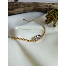 Luna Jewelry Kadın Gold Renkli Baget Model Zirkon Taşlı Dorika Zincir Renk Atmaz Çelik Bileklik