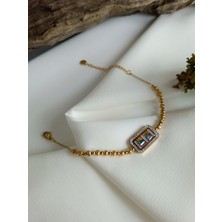 Luna Jewelry Kadın Gold Renkli Baget Model Zirkon Taşlı Dorika Zincir Renk Atmaz Çelik Bileklik