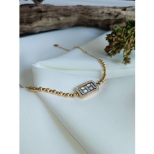 Luna Jewelry Kadın Gold Renkli Baget Model Zirkon Taşlı Dorika Zincir Renk Atmaz Çelik Bileklik