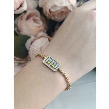 Luna Jewelry Kadın Gold Renkli Baget Model Zirkon Taşlı Dorika Zincir Renk Atmaz Çelik Bileklik