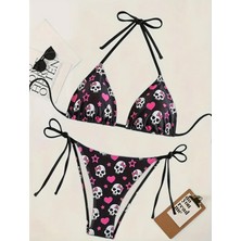 Amor Face Özel Tasarım Kurdeleli Kuru Kafa Baskılı Brazilian Beach Club Kadın Bikini Takımı