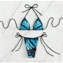 Amor Face Özel Tasarım Kelebek Kanadı Baskılı Brazilian Beach Club Sexy Kadın Bikini Takımı