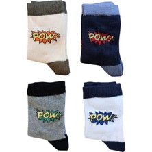 Butik Erkek Çocuk 4 Adet Pow Yazılı Soket Çorap 5-6, 7-8,9-10,11-12 Yaş
