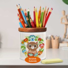 Çiçek Çerçevesinde Kedi Ahşap Seramik Kalemlik - 1191-184