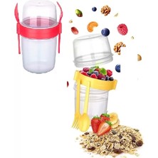 Çerçici Çift Hazneli - Çatal Kaşıklı Portatif Müsli -Atıştırmalık Kabı 800 ml