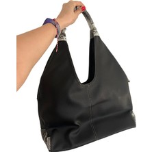 Pinkylola Design - Basic Tote Model Siyah & Yılan Baskı Detaylar  Deri Omuz Çantası