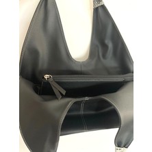 Pinkylola Design - Basic Tote Model Siyah & Yılan Baskı Detaylar  Deri Omuz Çantası