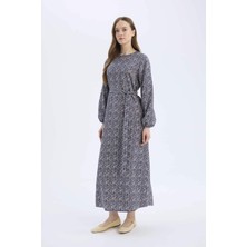 DeFacto Regular Fit Bisiklet Yaka Desenli Kuşaklı Uzun Kollu Maxi Elbise E5247AX25SP