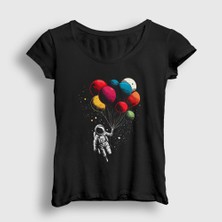 Presmono Kadın Siyah Astronot Balon Astronaut Balloon T-Shirt