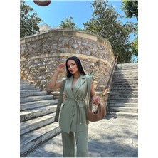 Kadın Oversize Bağlamalı Tasarım Yelek Pantolon Takım Elbise