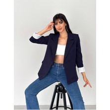 Kadın Beyaz Astarlı Blazer Ceket Kol Içi Çizgili Katlama Detaylı Katlamalı