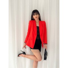 Kadın Leopar Astarlı Blazer Ceket Kol Içi Leopar Katlama Detaylı