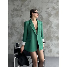 Kadın Yeşil Astarlı Blazer Ceket Kol Içi Çizgili Katlama Detaylı