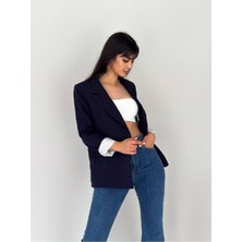 Kadın Kruvaze Yaka Düğmesiz Cepli Çizgi Desenli Astarlı Katlanabilir Kol Blazer Ceket