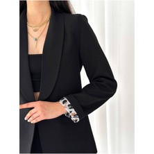 Kruvaze Yaka Düğmesiz Cepli Desen Astarlı Katlanılabilir Kol Blazer Ceket