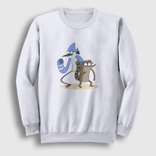 Presmono Unisex Beyaz Mordecai And Rigby Regular Show Sweatshirt