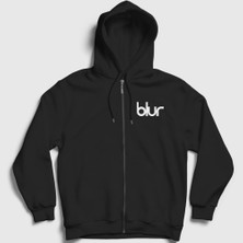 Presmono Unisex Siyah Logo Blur Fermuarlı Kapüşonlu Sweatshirt
