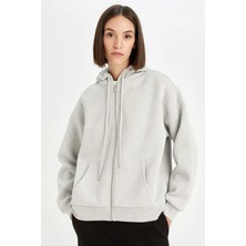DeFacto Gri Okula Dönüş Relax Fit Kapüşonlu Kalın Basic Düz Cepli Fermuarlı Sweatshirt D8717AX24WN