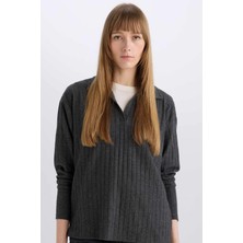 DeFacto Antrasit Relax Fit Polo Yaka Casual Fitilli Kaşkorse Uzun Kollu Tişört B2404AX24AU