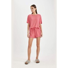 DeFacto Fall in Love Pijama Takımı Ribana Kısa Kollu Üst Beli Lastikli Şort Alt B8732AX24SM
