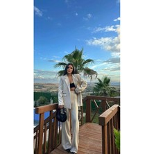 Kadın Çizgi Detaylı Blazer Ceket Palazzo Pantolon Takım Elbise
