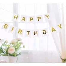 Cugy Happy Birthday Yazı Beyaz Mavi Pembe Siyah Gold Yaldızlı Banner Doğum Günü Süsü