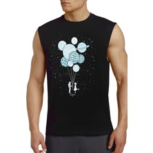 Rock&Roll Balon Gezegenler Siyah Kesik Kol / Kolsuz Erkek T-Shirt