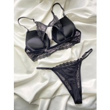 Shy Lola Lingerie Push-Up (Önden Açmalı)/sırt Askısı Kelebek Model, Balenli Dantelli Seksı Günlük Sütyen Tanga Takım