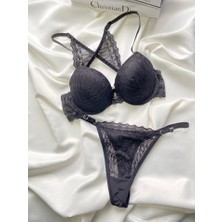 Shy Lola Lingerie Push-Up (Önden Açmalı)/sırt Askısı Kelebek Model, Balenli Dantelli Seksı Günlük Sütyen Tanga Takım
