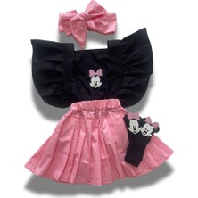 Özge Başaran Kız Çocuk Pembe Siyah Miki Mause Figürlü Pileli Salopet Bandana Çorap Set-6-9 Aydan 5 Yaşa Kadar