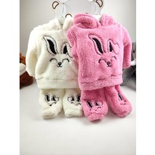 Tavşan Nakış Detaylı Kapüşonlu Peluş Welsoft Kız Çocuk Alt-Üst Eşofman Takımı (Tek Takım)